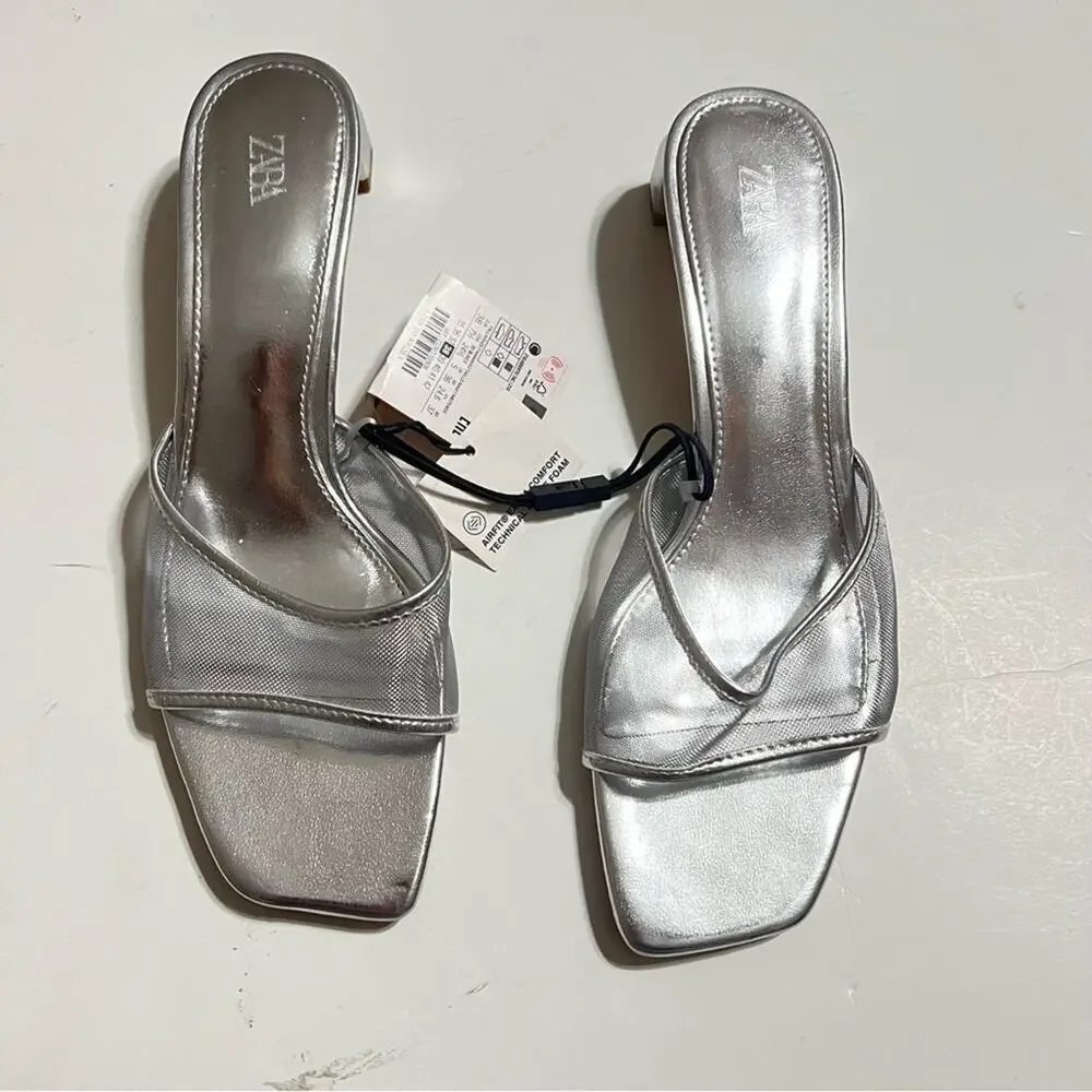 Zara Silver METALLIC MESH HEELED SLIDES Size 7.5 - Picture 8 of 13